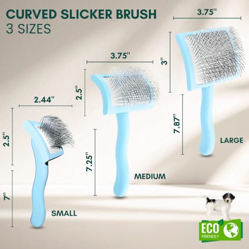 Pet Slicker Brush With Soft Massage Grooming Stainless Steel Pins (Baby Blue / Curved Small)