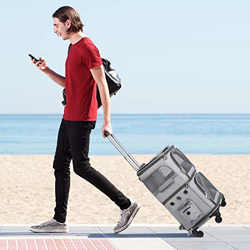 Double Compartment Cat Carrier Backpack with Wheels for Two Pets (14.6"L x 11.2"W x 21.6"H / Grey)