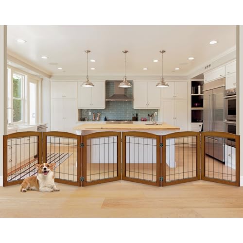 6 Panel Extra Wide Wooden Freestanding Dog Gate (24"Height-6 Panel / Oak Cherry)