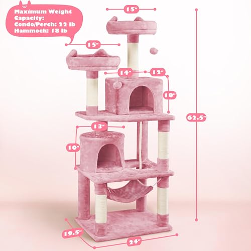 62.5inches Cat Tree Cat Tower Cat Condo with Platform & Hammock (62.5in / Pink)