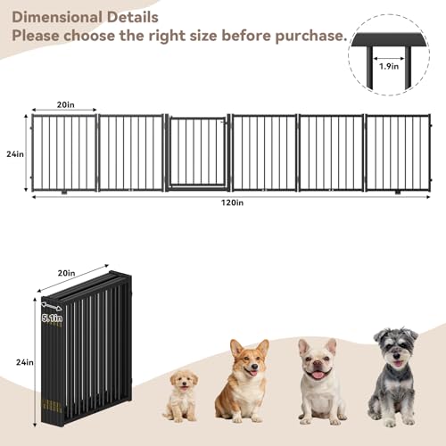 Full Metal Freestanding Dog Gate with Door (【6 Panels】120"W*24H" / Black)