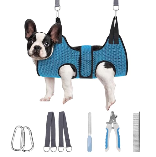 Dog Grooming Hammock Harness for Dog Cat with Pet Nail Clipper Trimmer (S / Dark Blue)