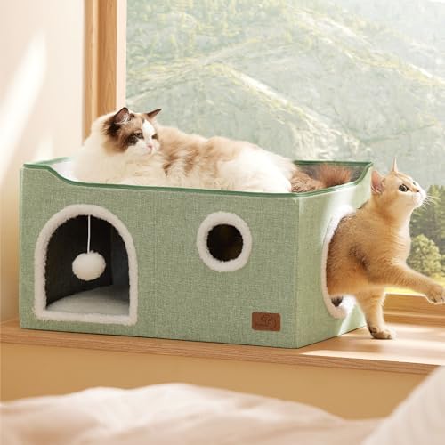 Extra Wide Cat House Bed with Fluffy Ball and Scratch Pad (Green / Widen)