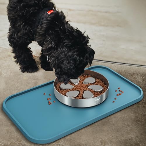 Pet Feeding Mat [Warped Resistant Raised Edge] (23.5"L x 13.5"W / Blue)