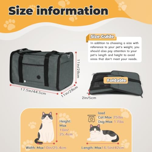 25lbs Cat Carrier Lightproof Soft Sided Pet Carrier for Large Cat (17.5"L x 11.0"W x 11.0"H / Grey green)