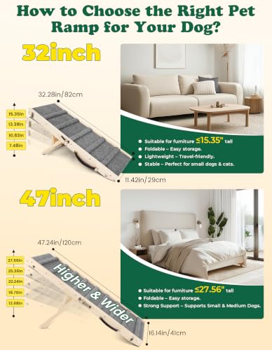 Dog Ramp for Small & Medium Dogs Foldable Pet Ramp for Bed Sofa (Natural Wood / Up to 75 lbs)