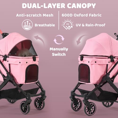 Dog Stroller for Small to Medium Dogs with Detachable Carrier (Sakura Pink)
