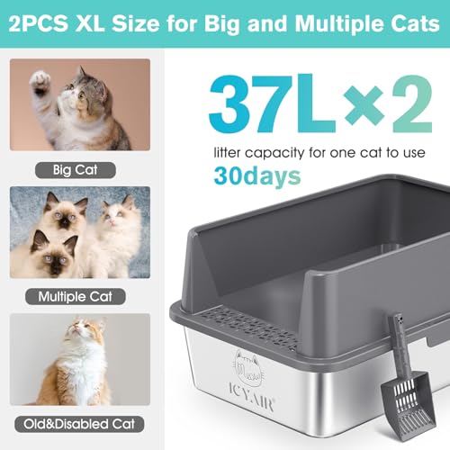 2PACK Stainless Steel Cat Litter Box with High Sides Lid (2PK-Dark Grey)