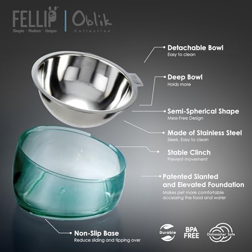 Oblik 15° Tilted Small Animal Bowls for Pet Food & Water 6 oz Stainless Steel Dish Removable (Classic / Mini Pet)
