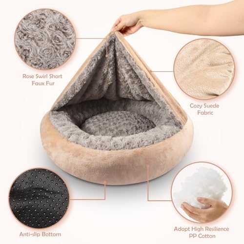 Small Dog Cat Bed With Hooded Blanket (S(23" x 23" x 7") / Beige)
