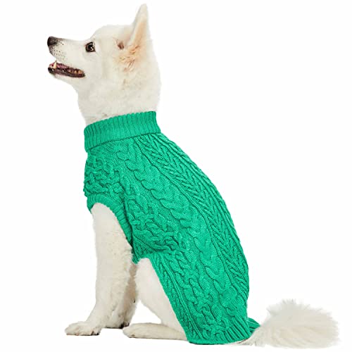 Classic Dog Sweater Wool Blend Cable Knit Pullover Crewneck Winter Clothes in Emerald (22 inch (Pack of 1) / Emerald)