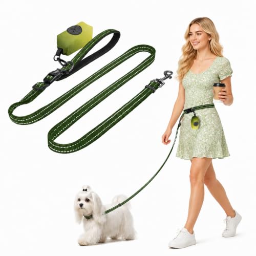 Hands Free Dog Leash with Poop Bag Holder (Green)