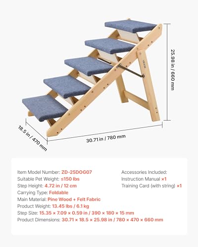 Wood Pet Stairs (Wood Color+Blue / 5-Step Foldable)