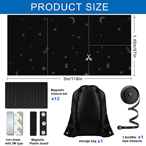 Magnetic Blackout Shades Temporary Blackout Curtains 100% Blackout Blind Window Cover for Windows and Doors (Black - Moon & Stars / 57"W x 118"H)