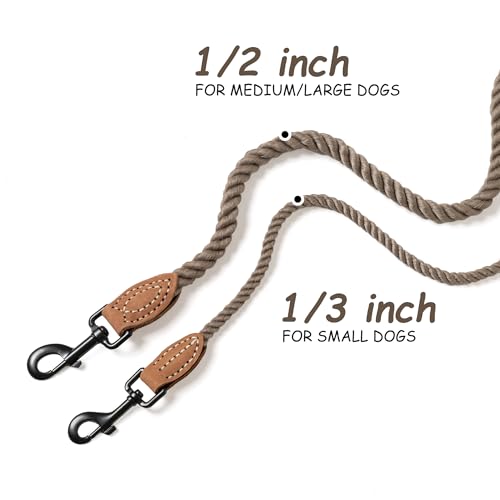 Dog Leash Braided Cotton Rope with Leather (Camel / 60 Inch-1/3")