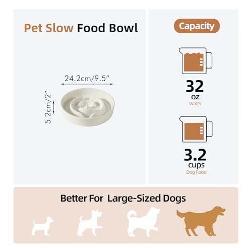 Ceramic Slow Feeder Dog Bowls (1 x Vanilla White - A / XL- 9.5inch / 3.2 Cups)