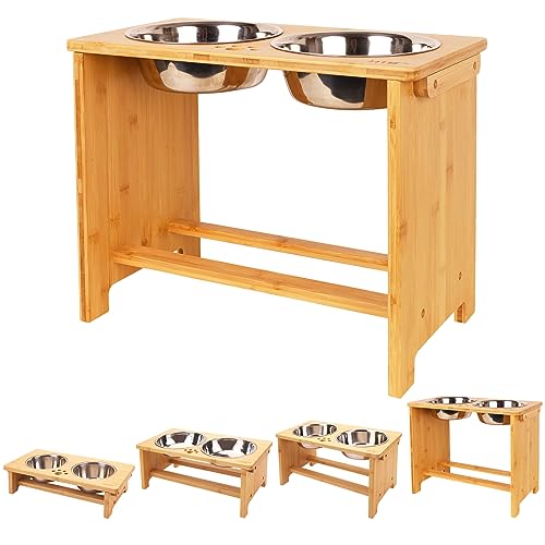 Elevated Dog Bowl Stand with 2 Stainless Steel Bowls (X large-14"tall,48 Oz bowl / Bamboo)