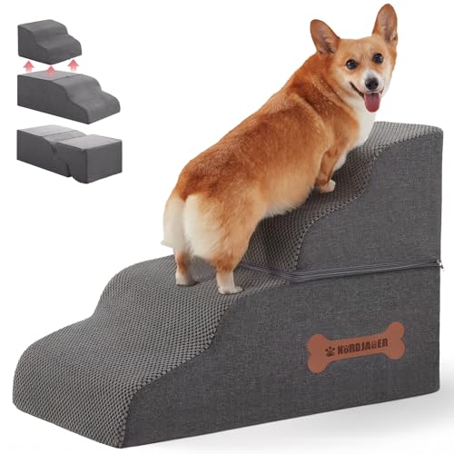 Dog Stairs 4 Steps for Small Dogs and Cats to Get on High Beds (Dark Grey / 27.5"D x 15.7"W x 19"H)