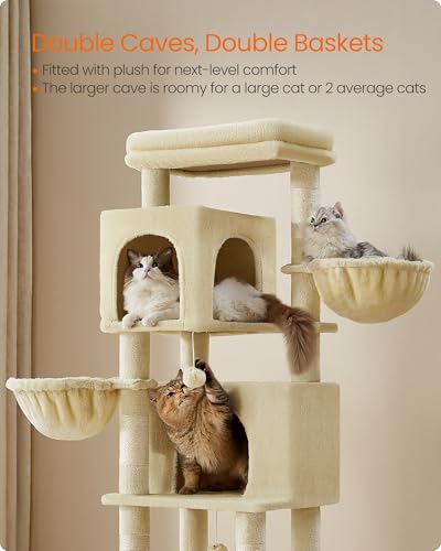 Cat Tree, 69-in Large Cat Tower, Multi-Level Condo, Sand Beige (Sand Beige)