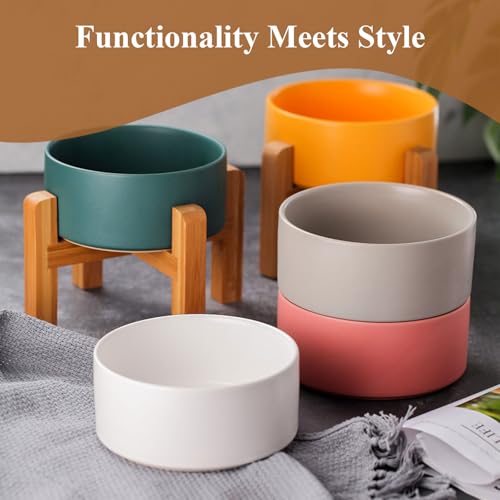 Ceramic Elevated Dog Bowl with Bamboo Stand (Medium / Pink)