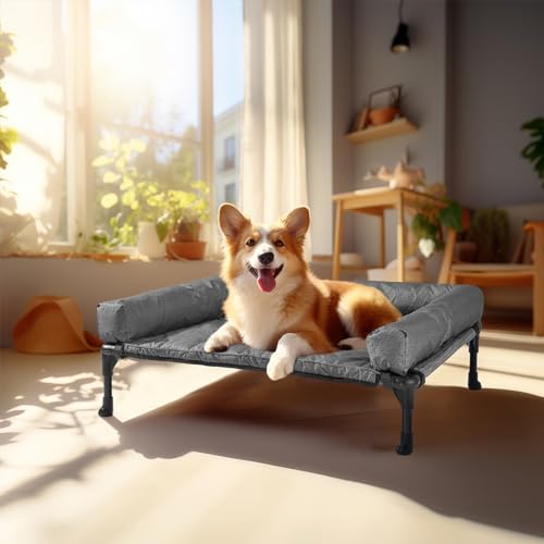 Outdoor Elevated Dog Bed with Waterproof Bolster Cushion (Black Silver / 32.0"L x 25.0"W x 7.0"Th)