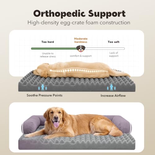 Orthopedic Waterproof Dog Bed with Bolster for Extra Large Size Dogs (48.0"L x 33.0"W x 7.5"Th / Purple)