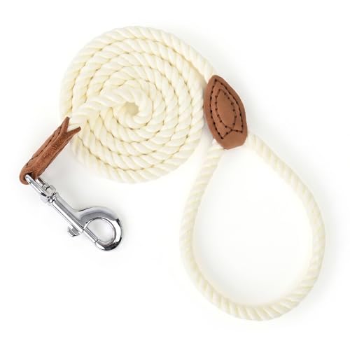 Dog Leash Braided Cotton Rope with Leather (Cream White / 72 Inch-1/2")
