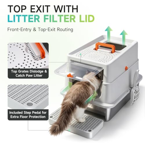 High Sided Stainless Steel XL Cat Litter Box for Cats (Grey)