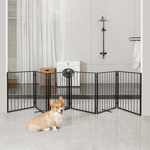 Metal Freestanding Dog Gates with Door for Outdoor Indoor (Black / 【6 Panels with Door】 24''H*120''W)