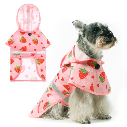 Dog Raincoat Hooded Slicker Poncho with Leash Hole (M:15-20lbs / Strawberry Pink)