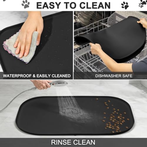 Waterproof Silicone Pet Food Mat with Raised Edge for Dog & Cat (Black / 36"L x 24"W)