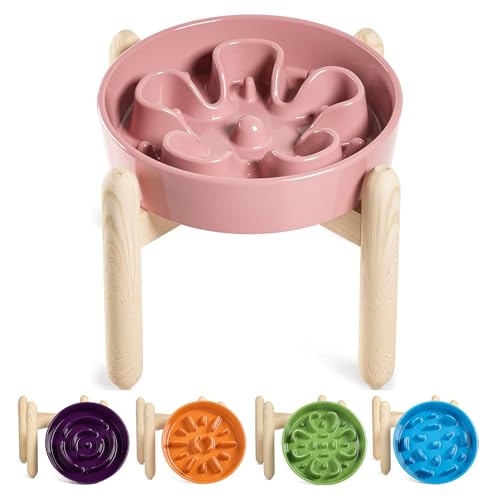 Ceramic Slow Feeder Dog Bowls Elevated (Pink Bloom+Stand / L-3 Cups)