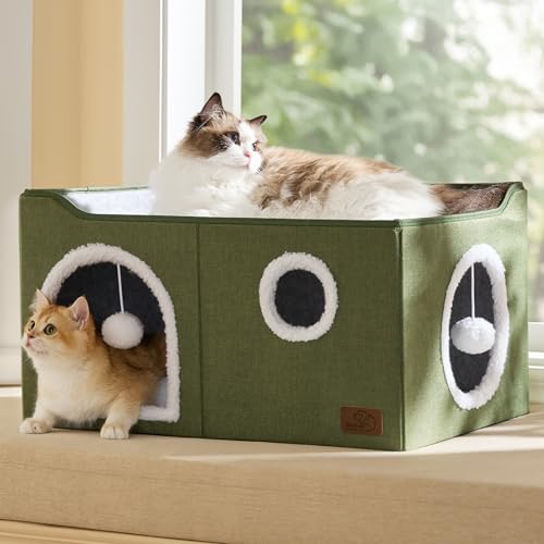 Extra Wide Cat House Bed with Fluffy Ball and Scratch Pad (Loden Green / Widen)