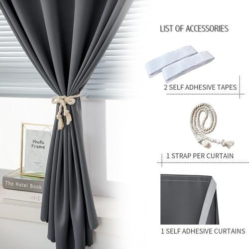 Blackout Curtains with Self Adhesive Tape No Rod No Drill Easy Install Window Cover for Bedroom Kitchen Dorm 46" W x 71" L Grey 1 Panel (46"W x 71"L (Pack of 1) / Grey)