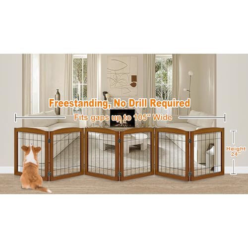 6 Panel Extra Wide Wooden Freestanding Dog Gate (24"Height-6 Panel / Oak Cherry)