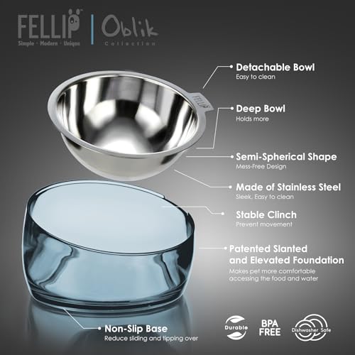 Pet Oblik Acrylic Raised Dog Food Water Bowl Stainless Steel Slanted Oval Dish for Short Leg Puppy & Small Medium Pet (Shadow / 1.5 Cups Oval Dish)
