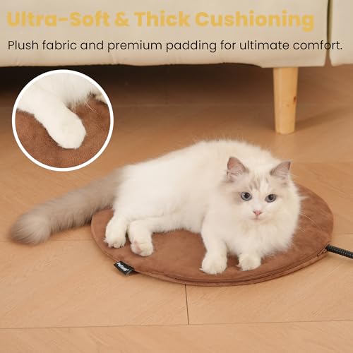 Pet Heating Pad for Cats Dogs Indoor & Sheltered Outdoor Waterproof Heated Cat Bed Heated Dog Bed Chew Resistant Cord Constant Temperature Electric Warming (Brown / Round: 16" x 16" x 1.3")