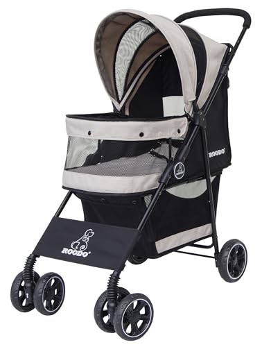 4 Wheel Dog Cat Pet Stroller Best Lightweight Foldable Compact Portable Jogger All Terrain Travel Pet Gear Puppy Doggie Bunny Kitty Stroller for up to 30lbs Medium Small Dogs Cats (Light khaki)