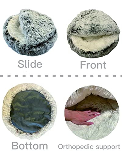 Round Plush Fluffy Hooded Cat Bed Cave (26.0"L x 26.0"W x 6.5"Th / khaki)