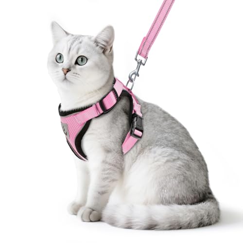 Cat Harness and Leash Set Escape Proof Reflective Cat Walking Harness Adjustable Soft Breathable Mesh Vest for Small Pets (L (NECK 14"-18", CHEST 18"-26.5") / Light Pink)