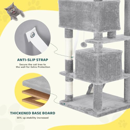 54 Inch Cat Tree Tower with Sisal Scratching Posts (Light Grey / 53.95"×20"×20")