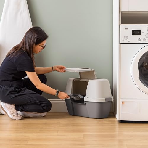 Large Corner Cat Litter Box (Corner Enclosed / Dark Gray w/ Scoop)