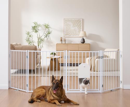 Freestanding Dog Gate with Cat Door for Indoor & Outdoor (White / 【4 Panels with Cat Door】30''Tall, 104" Wide)