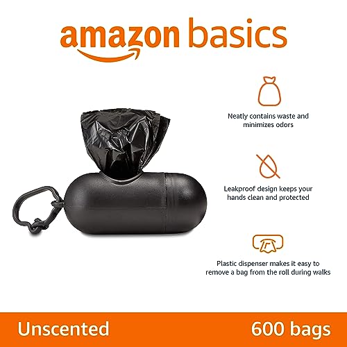 Dog Poop Leak Proof Bags with Dispenser and Leash Clip (Black / 600 Bags)