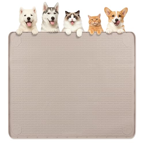 Dog Food Mat 40''x40'' Extra Large Dog Mat for Food and Water (40"L x 40"W / Khaki)