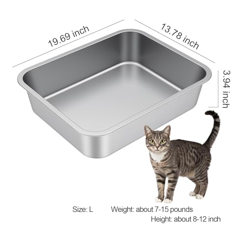 Large High Sided Stainless Steel Cat Litter Box (19.69"L x 13.78"W x 3.94"H)