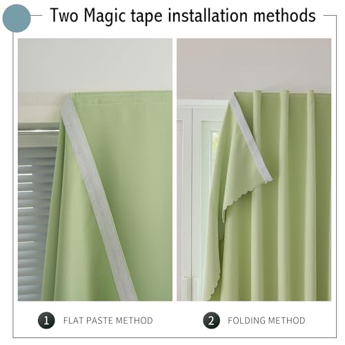 Magic Tape Stick on Curtains Blackout Curtains for Bedroom no Drillng Self Adhesive Curtain no Rod Small Window (Green / 47"W x 59"L (Pack of 2))