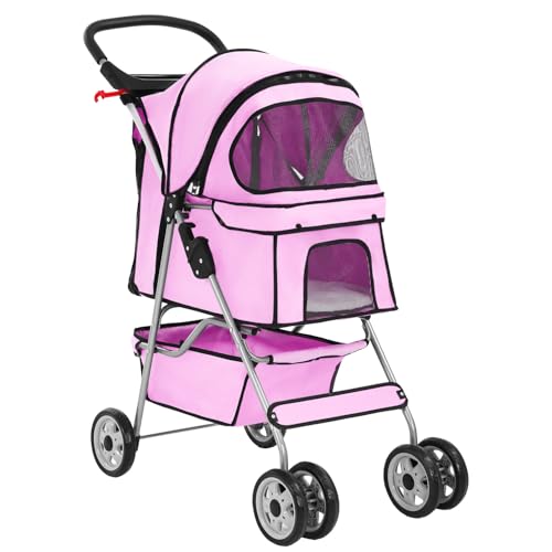 4 Wheel Foldable Pet Stroller (Pink / 4 Wheels)
