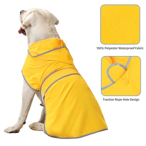 Dog Raincoat for Large Dogs Waterproof Jacket Hooded Rain Coats with Reflective Strips Leash Hole & Poncho Adjustable Fit (B.Yellow / XX-Large)