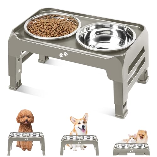 Elevated Dog Bowls for Small Dogs 3 Height Adjustable Raised Dog Bowl Stand with 25oz Stainless Steel Food Bowls Anti (Light Brownish Gray / 6" for Small Dogs)